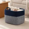 A deep blue and grayish-white color-matched rope woven storage basket for home living room and bedroom organization and storage details Picture